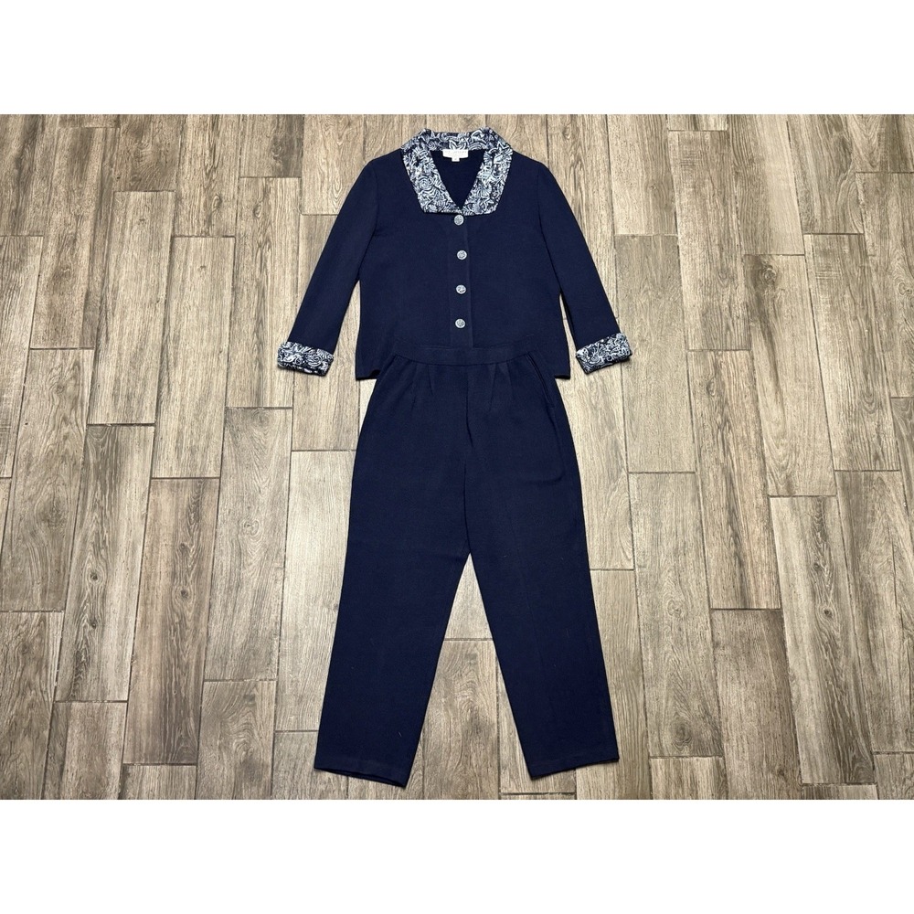 St. John Collection 2 PC Career Suit Blazer Jacket Pant Blue Sz 10/6 Gorgeous✨